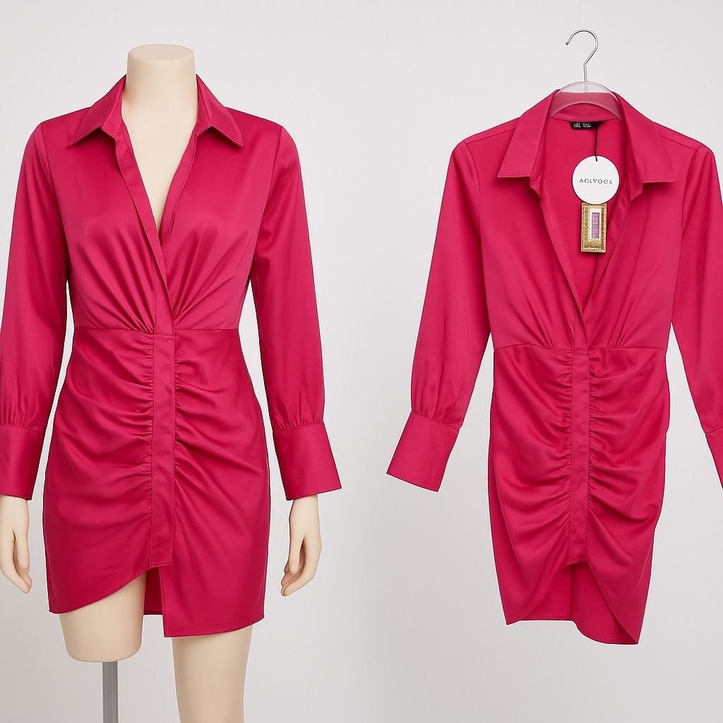 966 Pink Plunge Drape Detail Shirt Dress